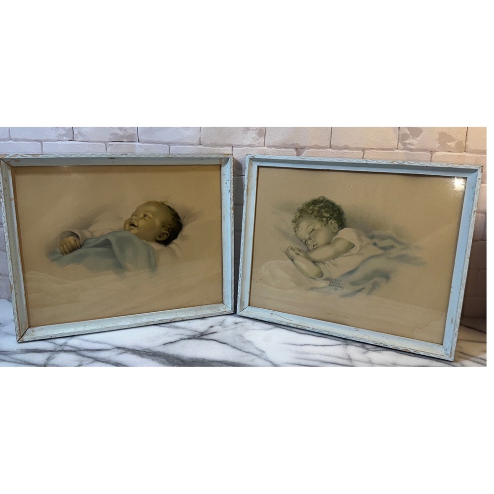 Bessie Pease Gutmann Vintage Baby Lithograph Pair Chuckles Sweet Innocence Blue